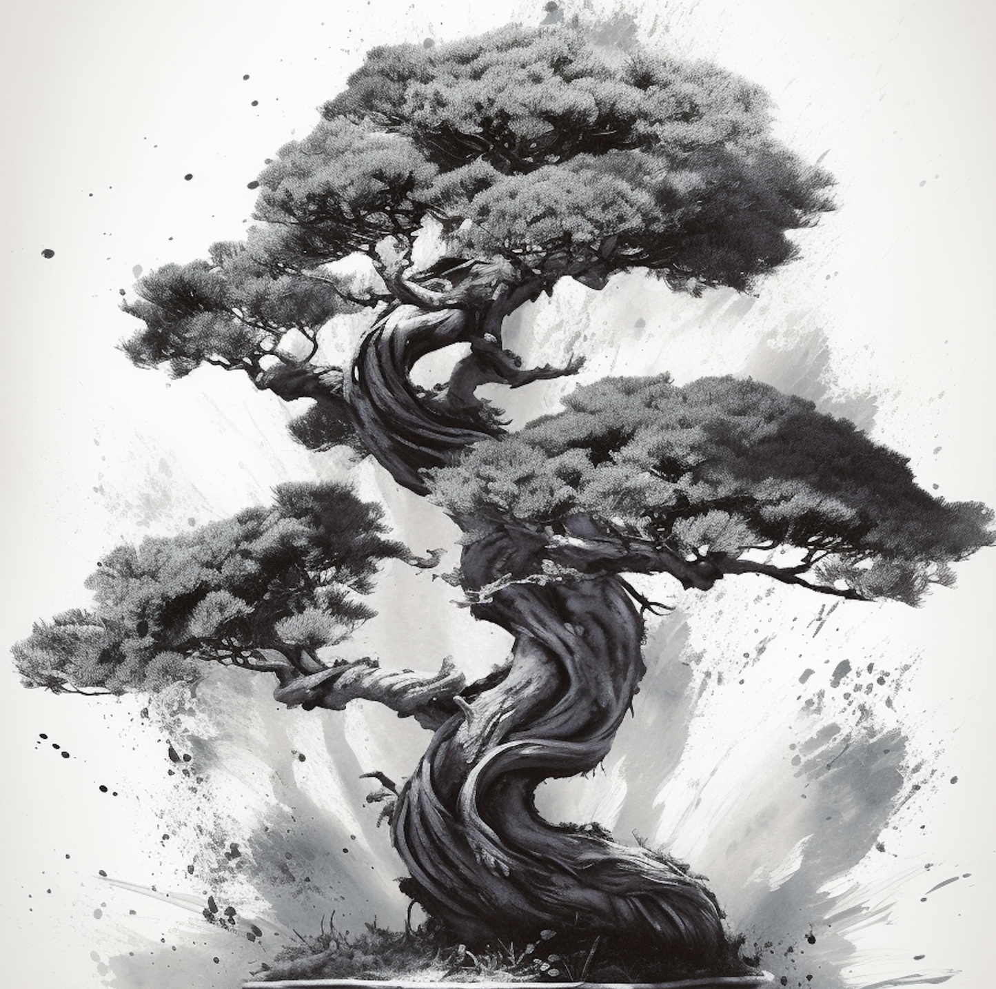 Japanese, bonsai, digital art work, black ink, poster