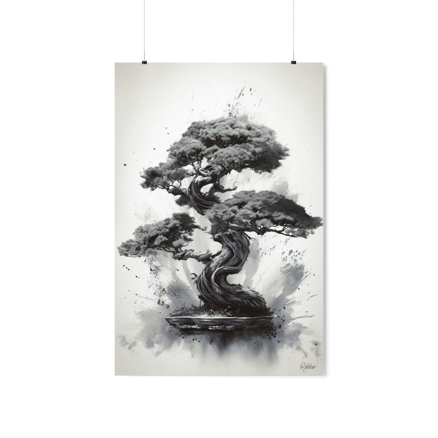 Japanese, bonsai, digital art work, black ink, poster
