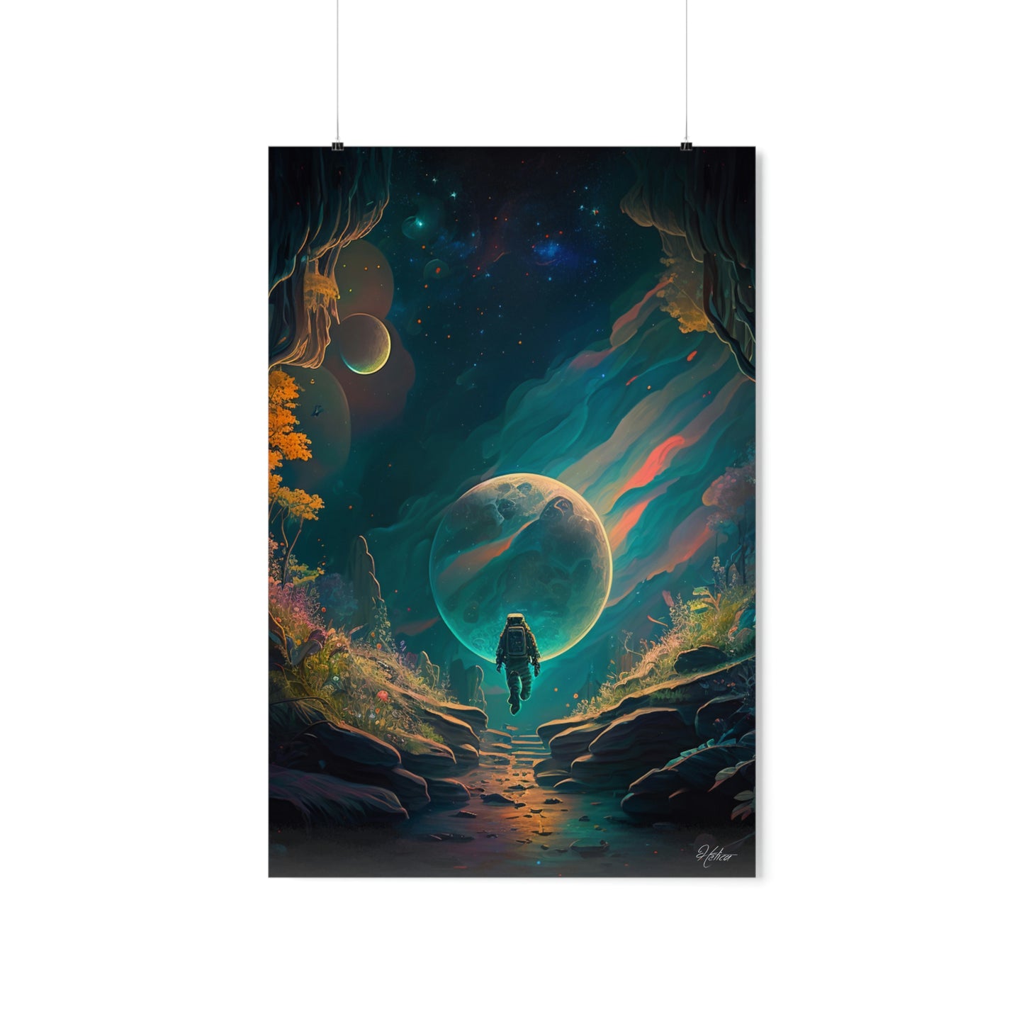 Premium matte poster art print from Hetica store Art Gallery, depicting an astronaut in a new world, gazing at a massive planet