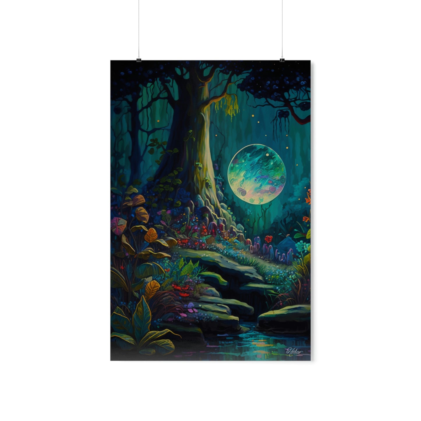 magic, forest, moon, digital art work, ai, poster