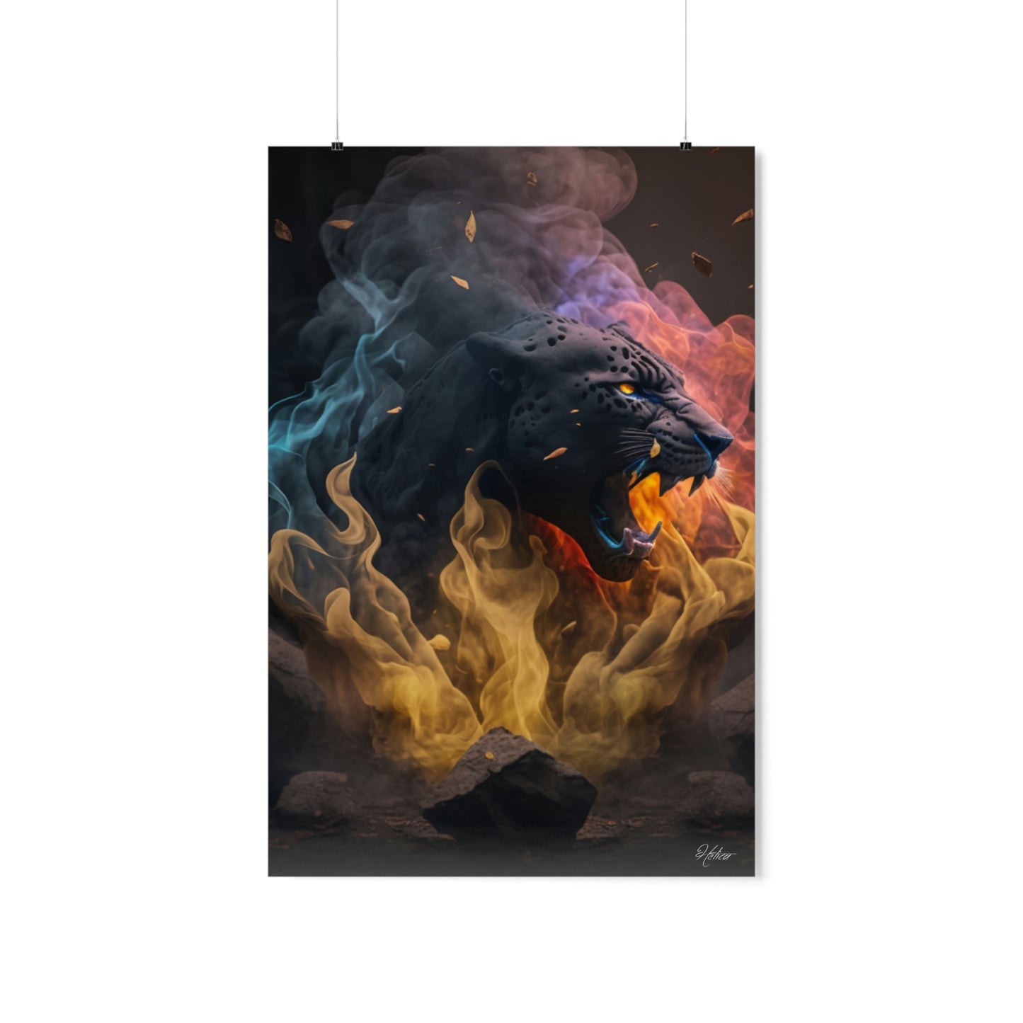 panther, fire, digital art work, poster