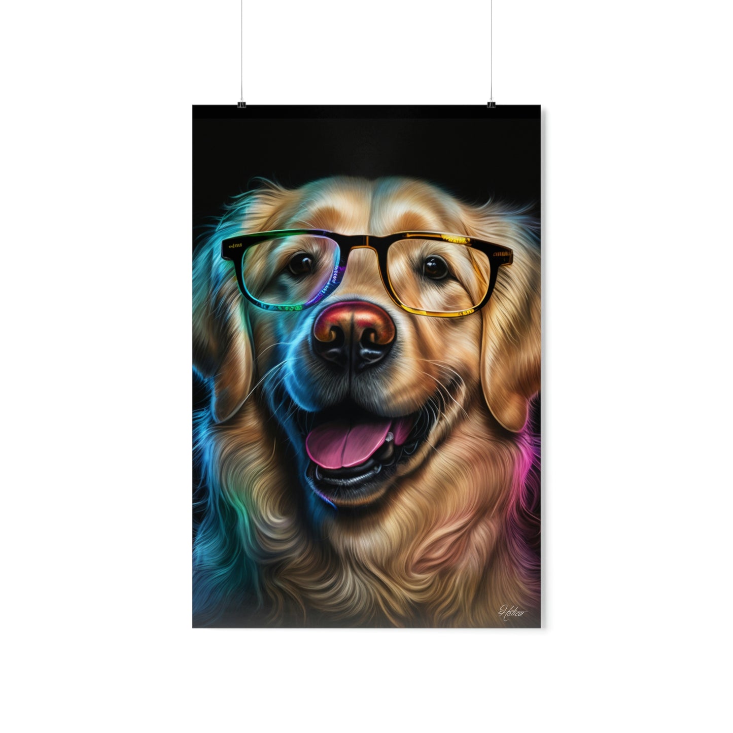 golden retriever, glasses, colors, portrait