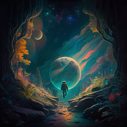 Premium matte poster art print from Hetica store Art Gallery, depicting an astronaut in a new world, gazing at a massive planet