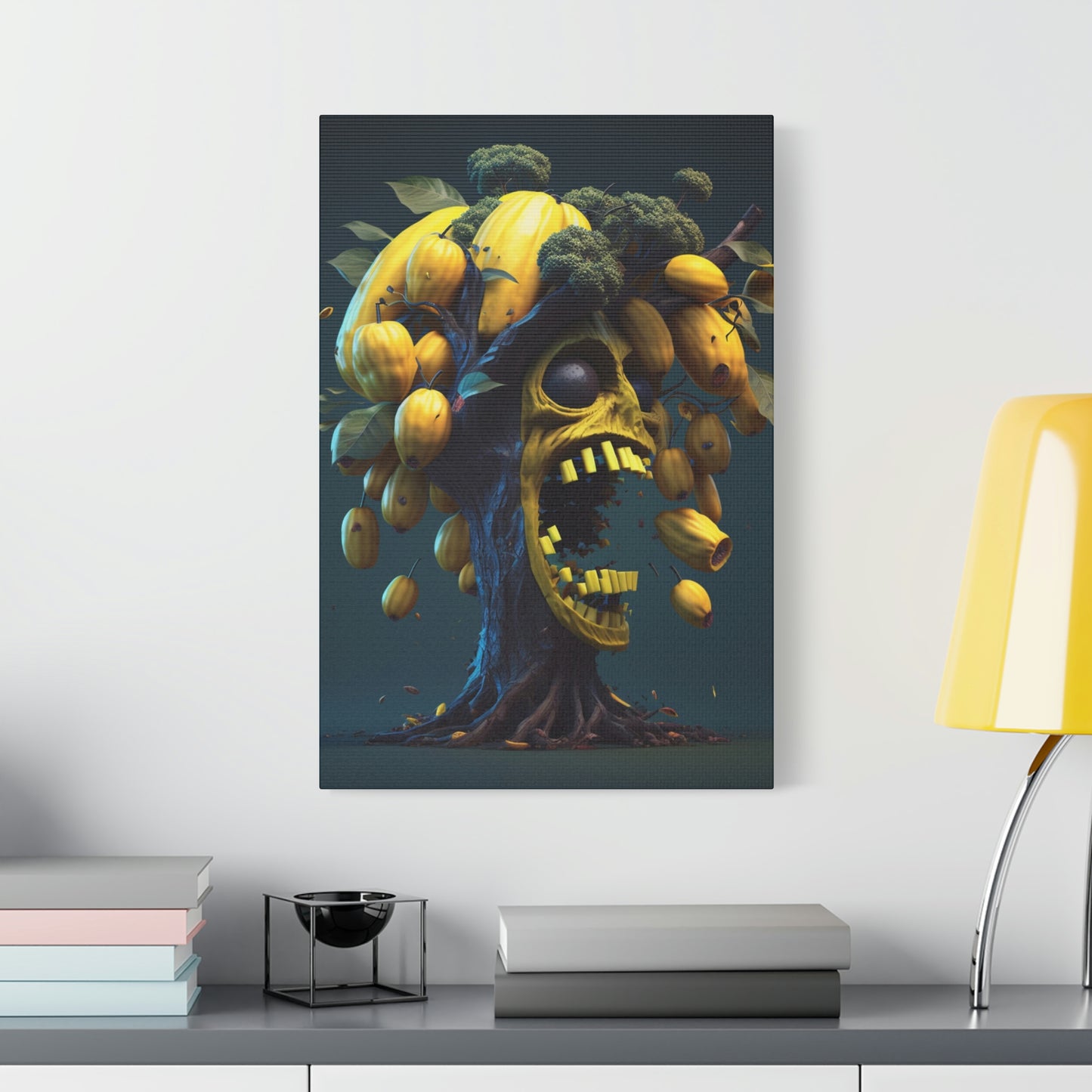 digital art work print, skull, papaya