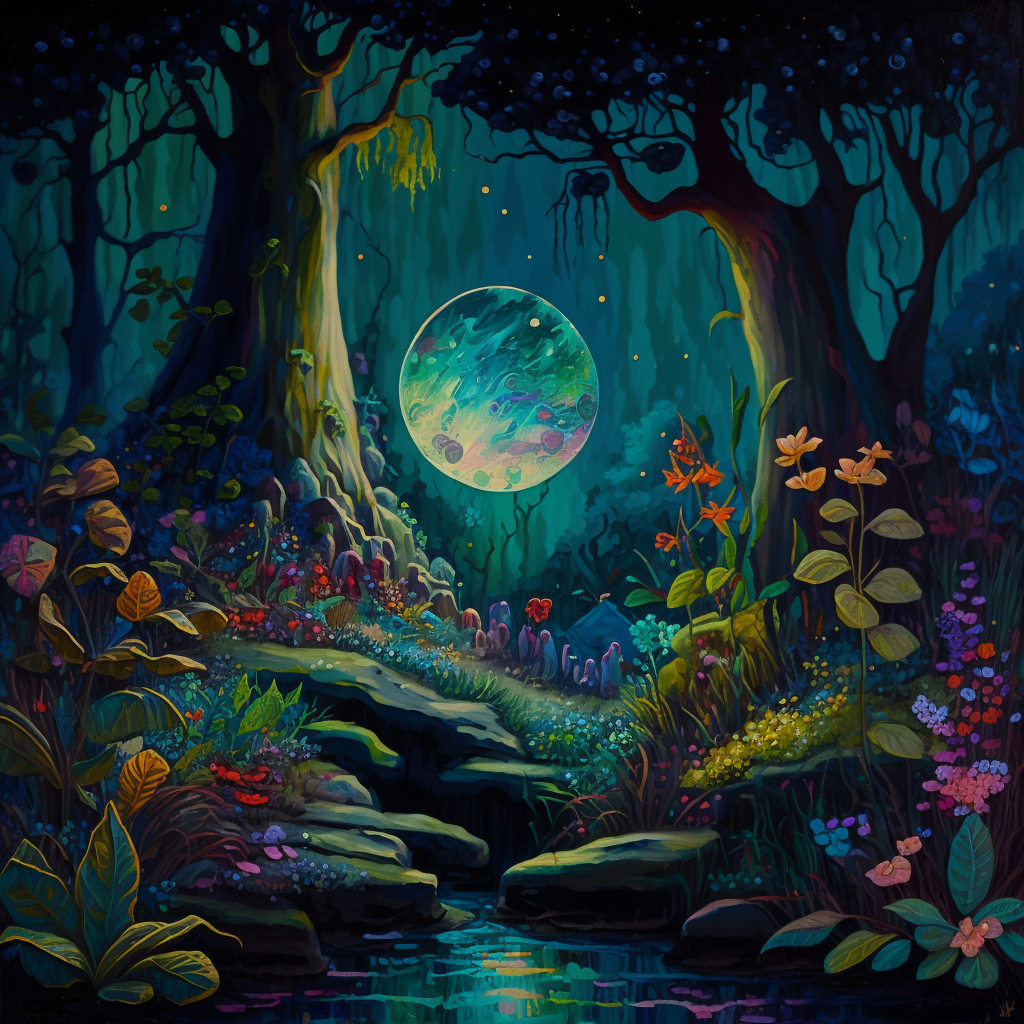 magic, forest, moon, digital art work, ai, poster