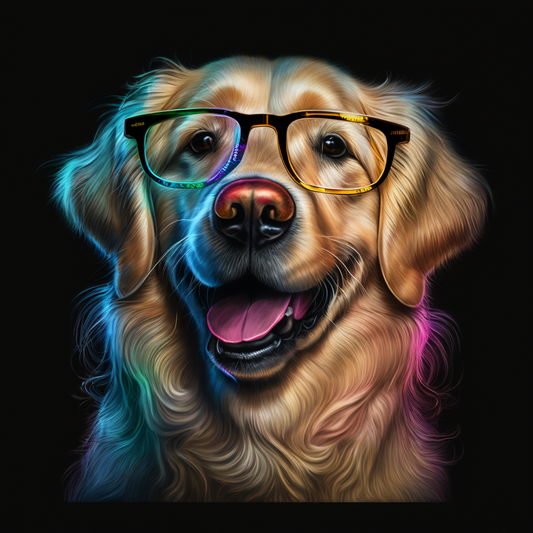 golden retriever, glasses, colors, portrait